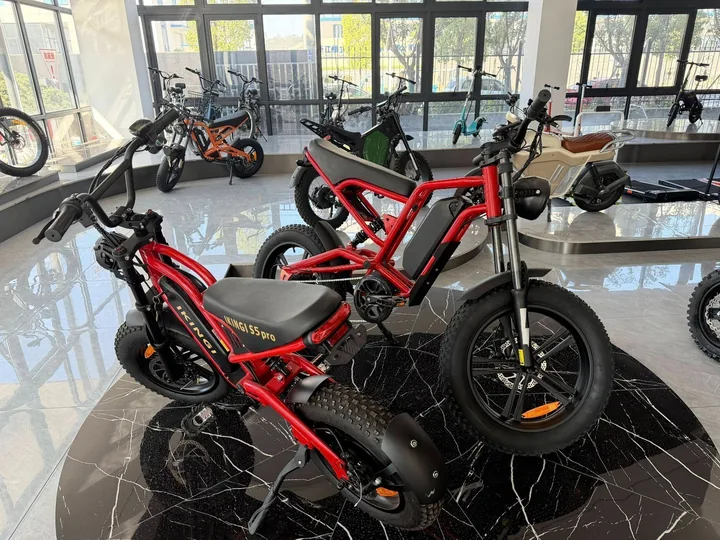 Electric mobility showroom with red fat tire bike and display models